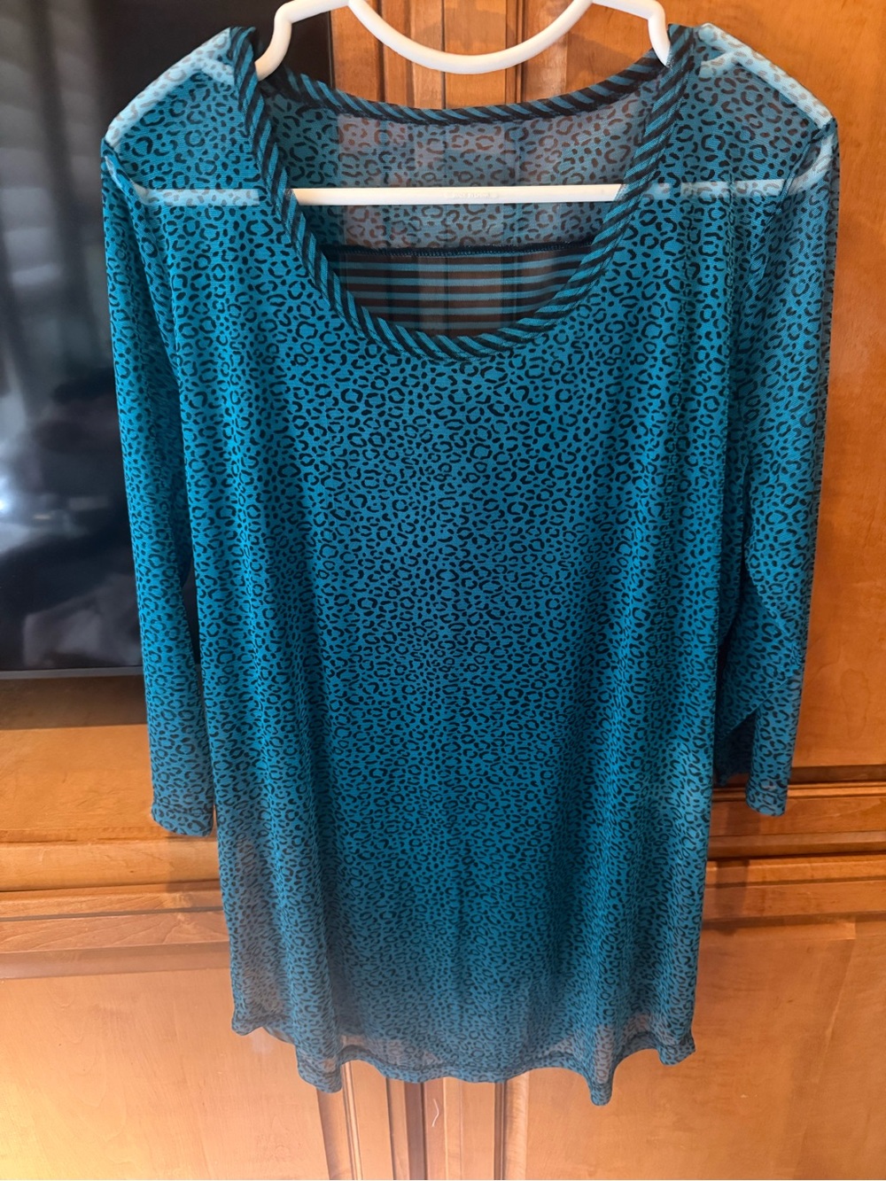 Women’s Teal Animal Print Long Sleeve Sheer Top with Tank underneath